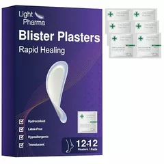 Light Pharma Blister Plasters for Feet, 12 Hydrocolloid Plasters for Blister Treatment & Prevention, Latex-Free, Translucent and Hypoallergenic (12 Heel Dressings + 12 Cleansing Pads)