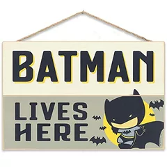 DC Comics Batman Sign - Superhero Hanging Wood Wall Decor for Kids' Bedroom or Nursery - Batman Lives Here