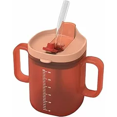 Elderly Drinking Cup with Two Handles, 300ml Adult Sippy Cup Non-Spill with Straw and Lid, Senior Feeding Cups for Patients, Pregnant Women, and Disabled Adults,Anti-Choke Design for Easy Gripping