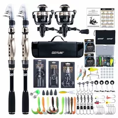 Goture Double Fishing Rod and Reel Combos with Carry Bag, Telescopic Pole Spinning Reel Lures Set, Telescopic Fishing Rod Fishing Kit for Travel Saltwater Freshwater A 2.4M