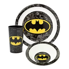 DC Comics Batman Kids Dinnerware Set | Black 3 Piece Tableware for Boys & Girls | PP Dinner Plate, Bowl and Tumbler Cup | Comic Strip Superhero Logo Novelty Set | Movie Merchandise Gift for Children