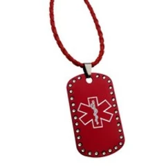 Personalised Red Medical ID Tag with Clear Crystals on Matching Leather Chain