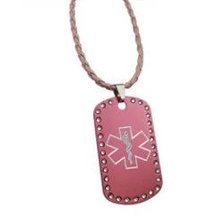 Personalised Pink Medical ID Tag with Clear Crystals on Matching Leather Chain