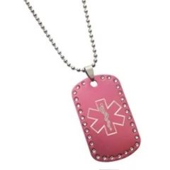 Personalised Pink Medical ID Tag with Clear Crystals Engraved with your details