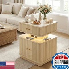 Aiuucs Led Light End Table Charging Station Oak Mid Century Bedside Table Usb