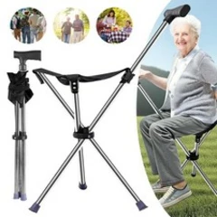Folding Portable Walking Stick Seat Adjustable Aluminium Cane Chair Stool 150KG
