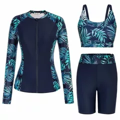 GRACE KARIN Swimming Costume Women Long Sleeve Swimsuit with Shorts Tankini Sets for Women Blue L