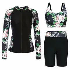 GRACE KARIN Swimming Costume Women Long Sleeve Swimsuit with Shorts Tankini Sets for Women Floral M