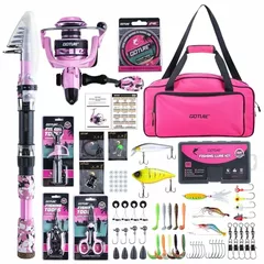 Goture Pink Fishing Rod and Reel Combos with 900D Oxford Bag, Telescopic Pole Spinning Reel Lures Set, Telescopic Fishing Rod Fishing Kit for Travel Saltwater Freshwater 2.4M A