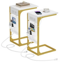 Tutotak C Shaped End Table Charging Station Side Table For Sofa Couch Table