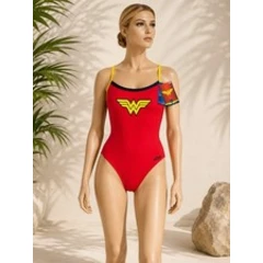Zoggs Wonder Woman Red Yellow Triangle Back One Piece Swim Suit UK 10