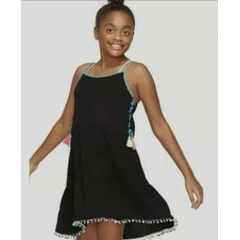 Justice Girls Swimsuit Cover Up 12 Black Adjustable Straps Side Tie Up Pompoms