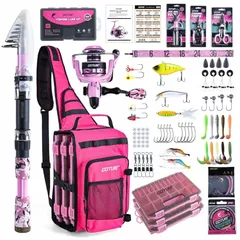 Goture Pink Fishing Rod and Reel Combos with 12L Sling Bag, Telescopic Pole Spinning Reel Lures 3 Tackle Boxes Set, Telescopic Fishing Rod Fishing Kit for Travel Saltwater Freshwater 2.4M A1