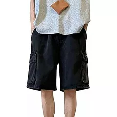 VYLYNL Mens Denim Shorts Elasticated Rib Waist Cargo Shorts Knee Length Denim Half Pants Cropped Trousers with Multi Pocket Summer Baggy Combat Pants Lounge Short Bottoms