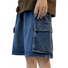 Mens Denim Shorts Elasticated Rib Waist Cargo Shorts Knee Length Denim Half Pants Cropped Trousers with Multi Pocket Summer Baggy Combat Pants Lounge Short Bottoms