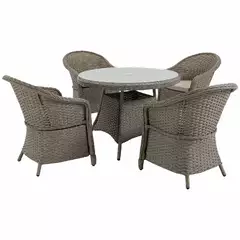 MCL 4 Seater Rattan Garden Furniture Set with Cushions, Round PE Rattan Dining Set with Glass-Top Table, Umbrella Hole, Outdoor Garden Table and Chairs, Mixed Grey