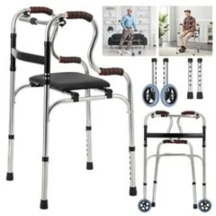 2 Wheel Folding Walker With Integrated Seat, Mobility Aid, Easy To Storage UK
