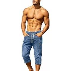 Denim Capri Pants for Men UK - Loose Fit 3/4 Length Jeans Drawstring Waist Denim Shorts Comfy Pull On Cropped Jean Summer Half Trousers Casual Straight Fit Below Knee Jeans Shorts with Pockets