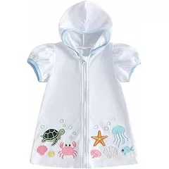 Toddler Baby Girl Swim Cover Up Crab Starfish Embroidery Zip Up Hooded Swimming Towels Cute Puff Sleeve Swimsuit Cover Up Dress Summer Terry Clothes for Swimsuits