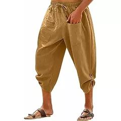 Mens Cotton Linen Cropped Trousers Harem 3/4 Length Shorts Casual Beach Yoga Hippie Thai Shorts Elastic Waist Drawstring Breathable Comfortable Casual Holiday Capri Pants Men Workout Clothes