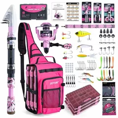 Goture Pink Fishing Rod and Reel Combos with 20L Sling Bag, Telescopic Pole Spinning Reel Lures 3 Tackle Boxes Set, Telescopic Fishing Rod Fishing Kit for Travel Saltwater Freshwater 2.4M A1